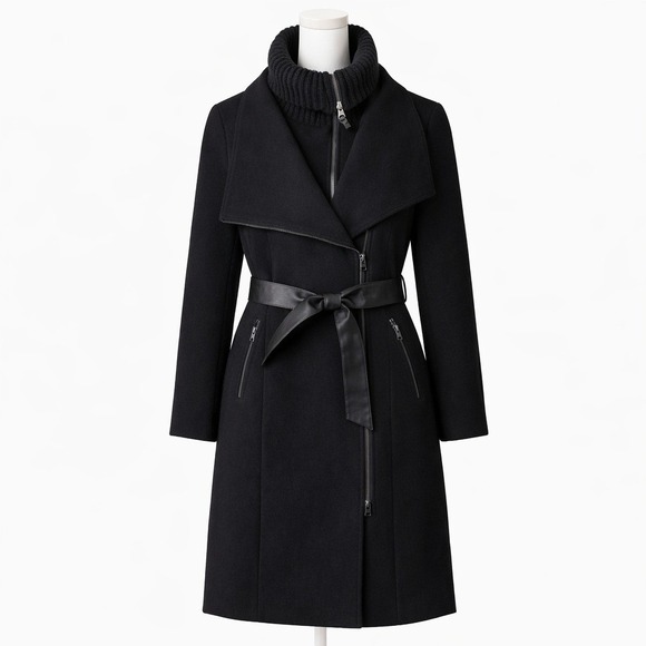 Mackage Nori 2-in-1 Black Wool Cashmere Double Collar Wrap Coat Leather Belt Zip - Picture 2 of 16